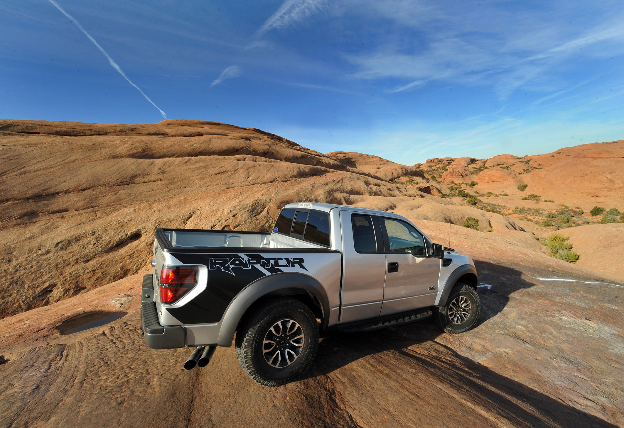 MOAB, UTAH, November 10, 2011--The 2012 Ford F-150 SVT Raptor offers a new forward facing video camera and standard Torsen limited-slip front differential. Both features were put to the test in a grueling rock-crawling expedition on the famous Hell's Revenge off-road trail. Photo by: Sam VarnHagen/Ford Motor Co. (11/11/2011)